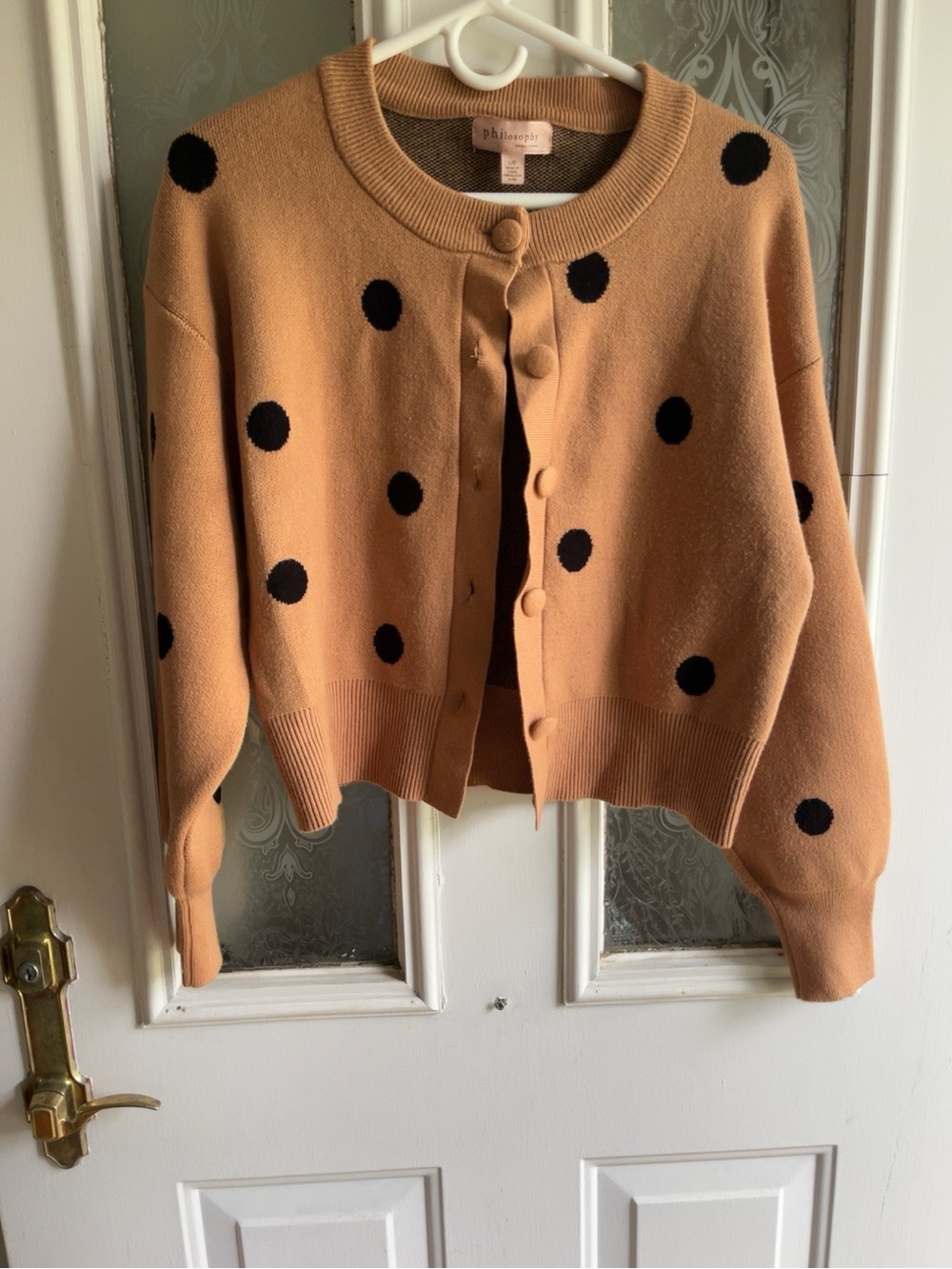 Philosophy Large Camel & Black Polka Dot Knit Cardigan Sweater Like New
